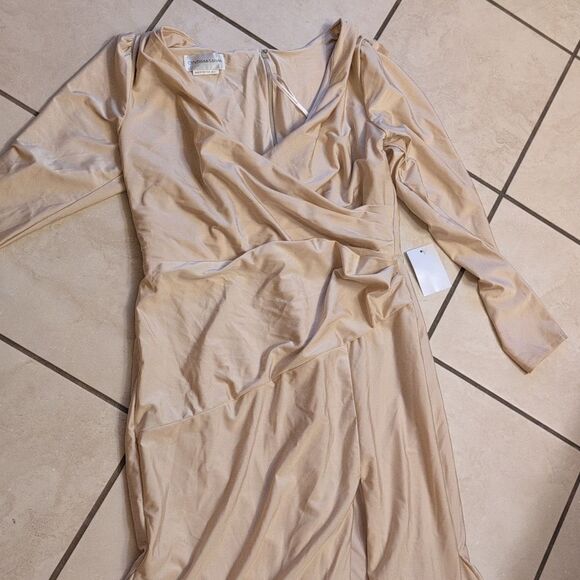 NWOT Cynthia & Sahar Long Sleeve Dress Champagne Ivory Stretch Satin Size XL - Picture 2 of 14
